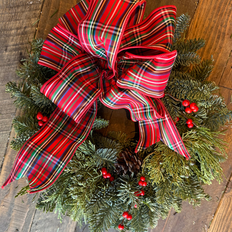 Fresh Evergreen Mini Wreath – With Tartan Plaid Bo